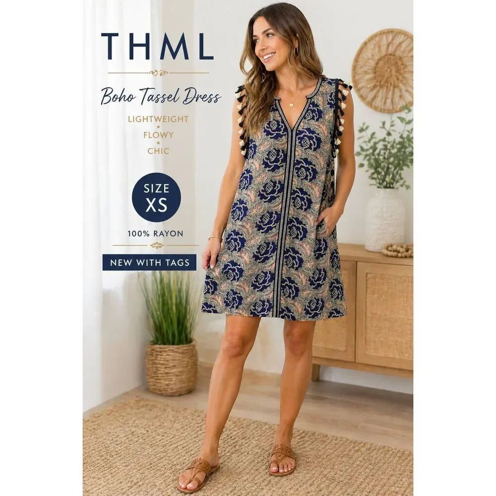 THML Dress XS Boho Tassel Sleeveless V Neck Shift Mini Blue Beige